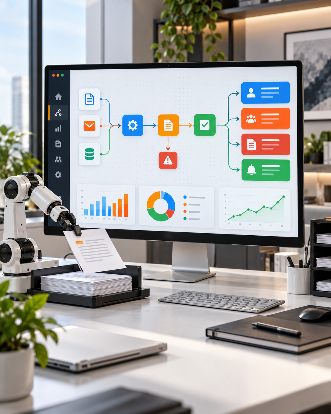 Robotic arm automating a colorful business workflow.