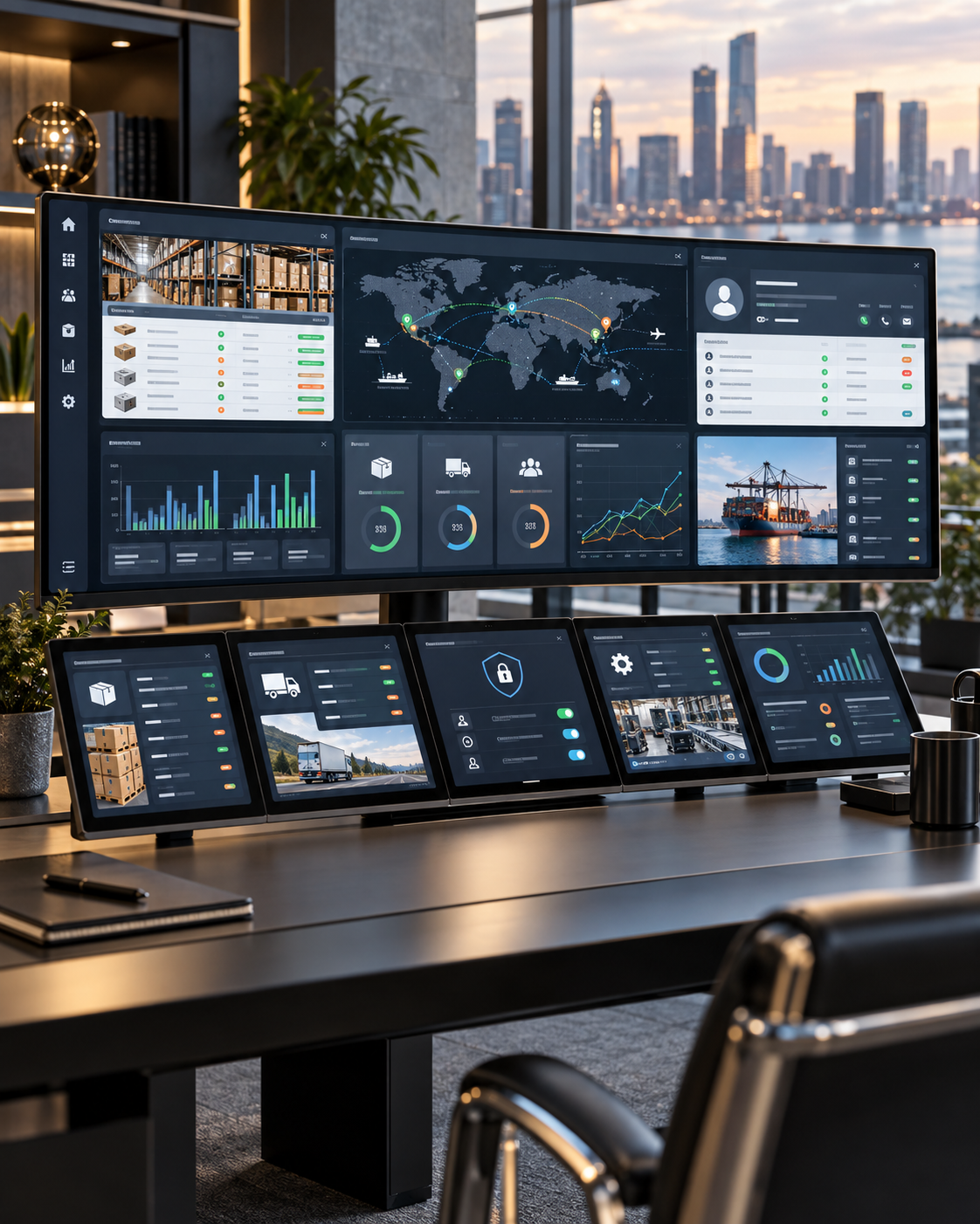 Custom enterprise software dashboards displayed across connected screens.